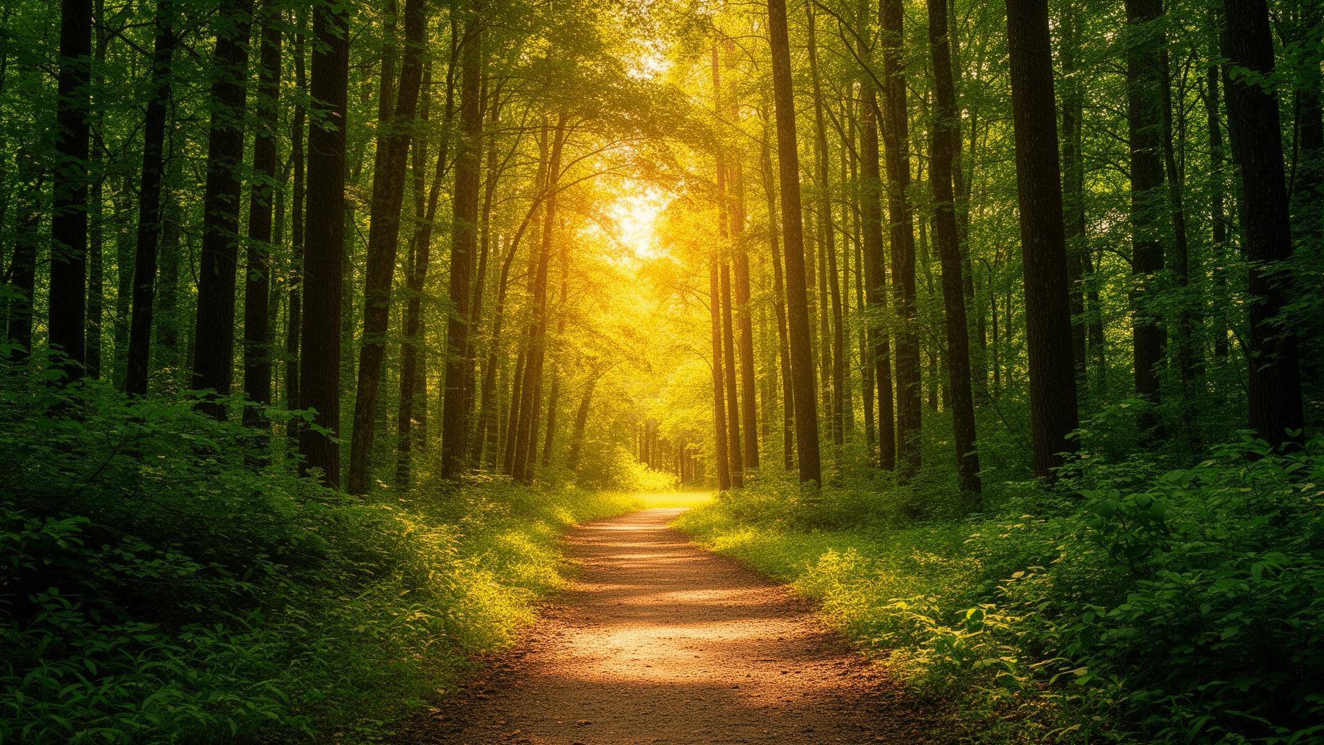 A sunlit path winding through a rich green forest, leading toward warm light