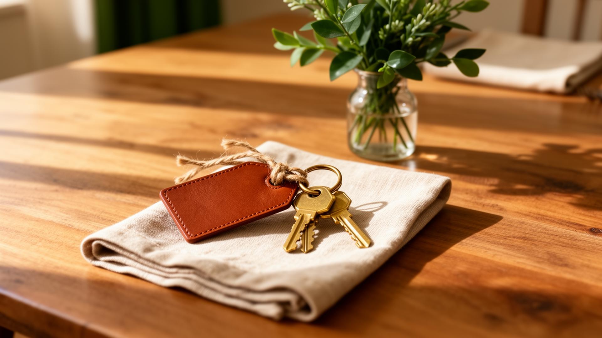 A welcoming hospitality scene: cognac leather key tag and brass keys resting on linen beside a small vase of greenery