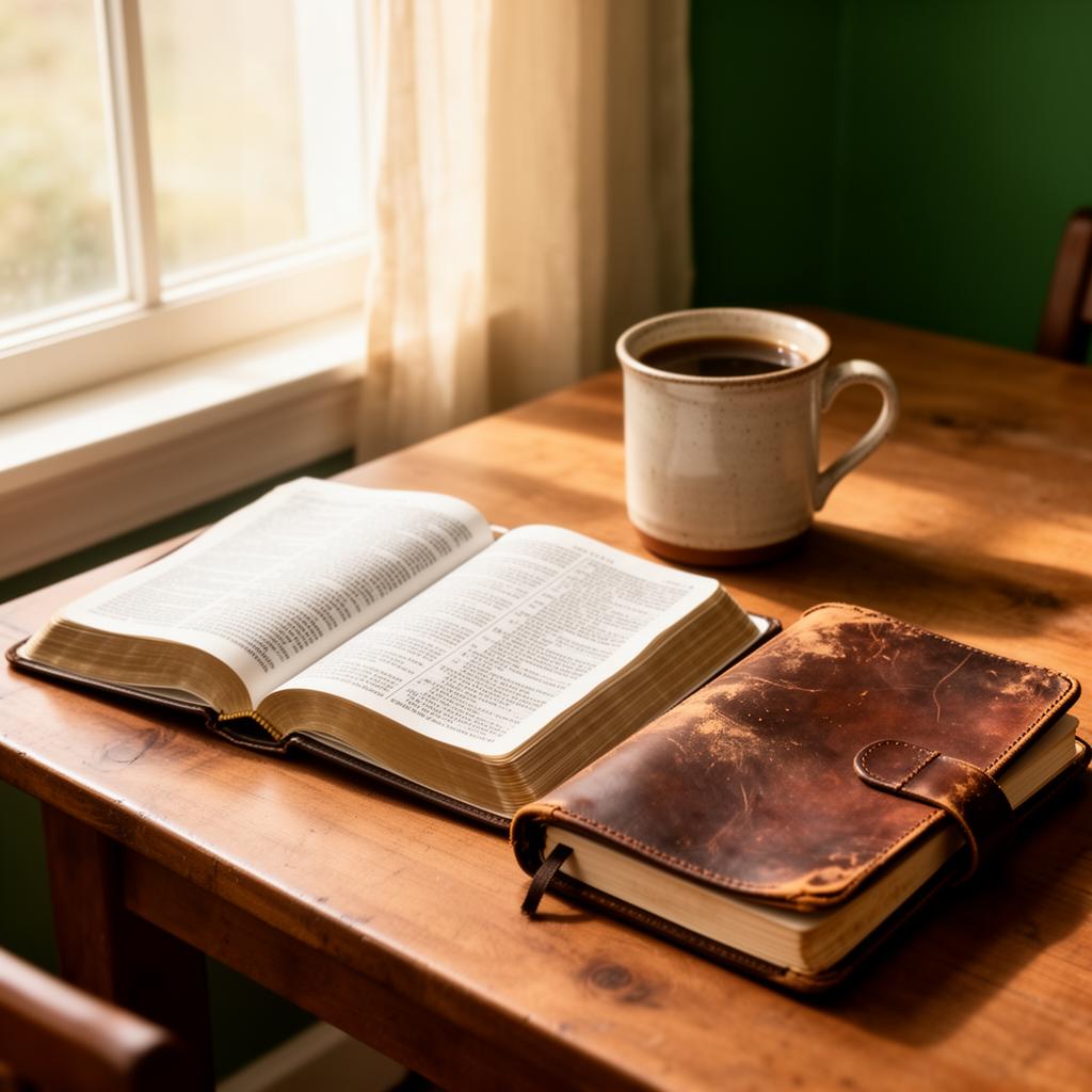 Open Bible, leather journal, and coffee on a sunlit wooden table