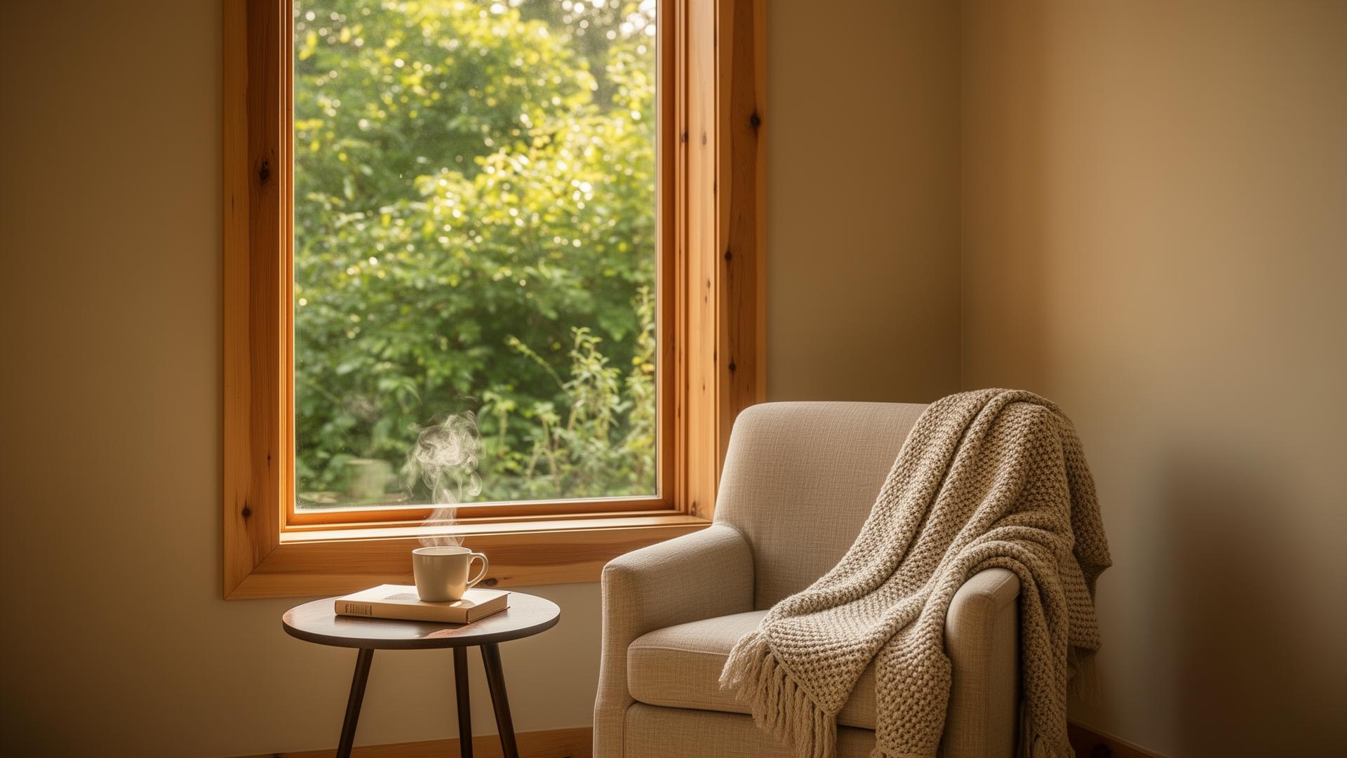 A peaceful retreat interior: a comfortable chair beside a sunlit window framed in natural wood, with green foliage visible outside
