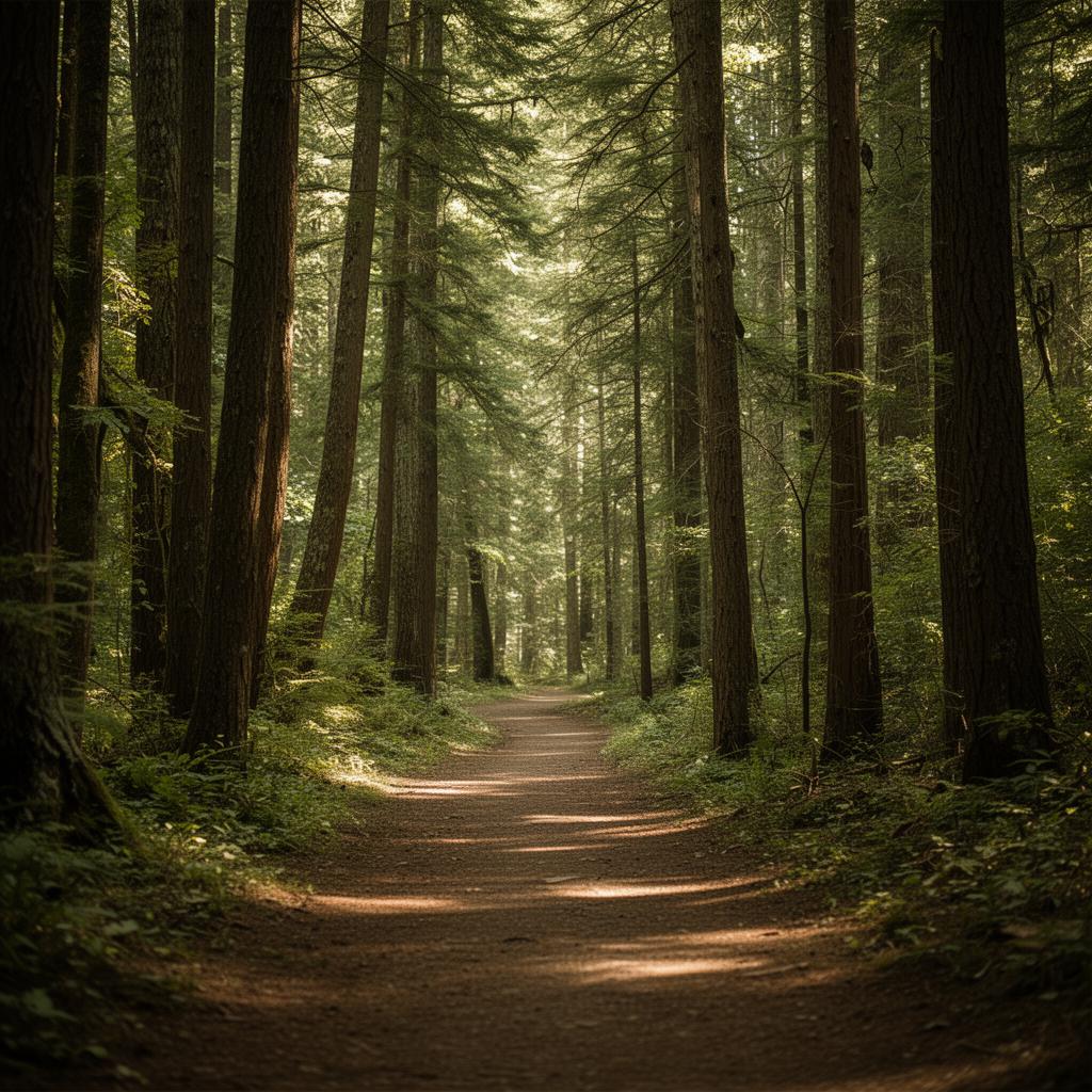 Peaceful forest walking path with dappled sunlight