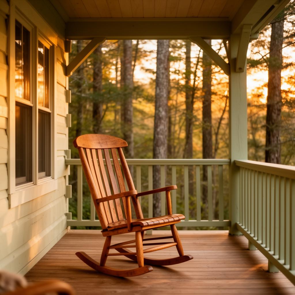 Quiet cabin porch overlooking the forest at golden hour